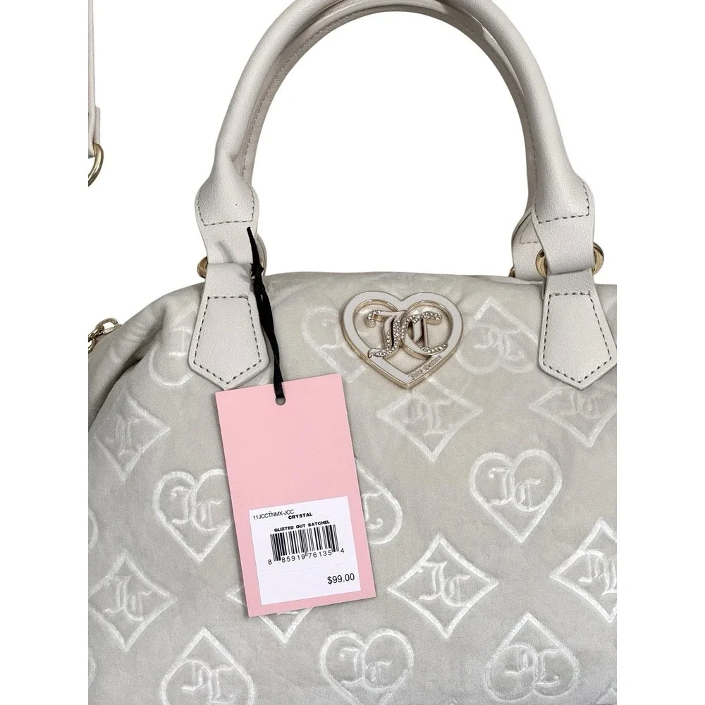 Juicy Couture Glizted Out Ivory Crystal Velour Velvet Satchel Shoulder Bag‎